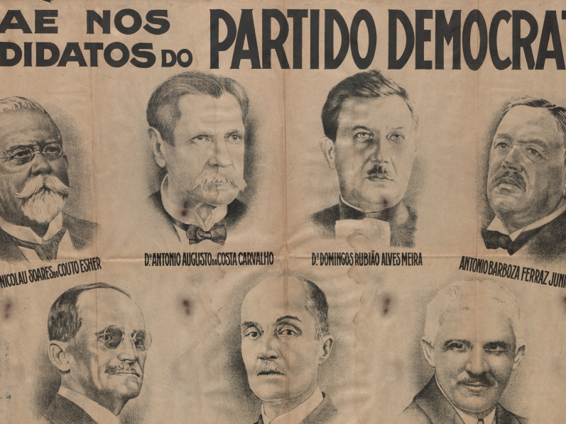 detalhe de cartaz de propaganda política com retratos de homens brancos sobre fundo já amarelado