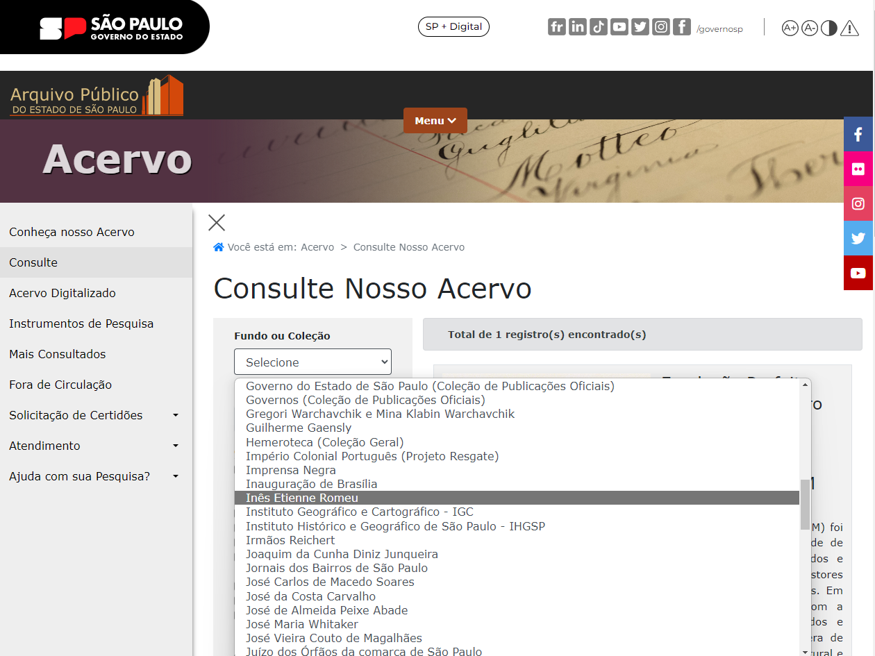 Página "Consulte nosso acervo" com o menu aberto de opções de fundos e coleções disponíveis, com destaque para o fundo Inês