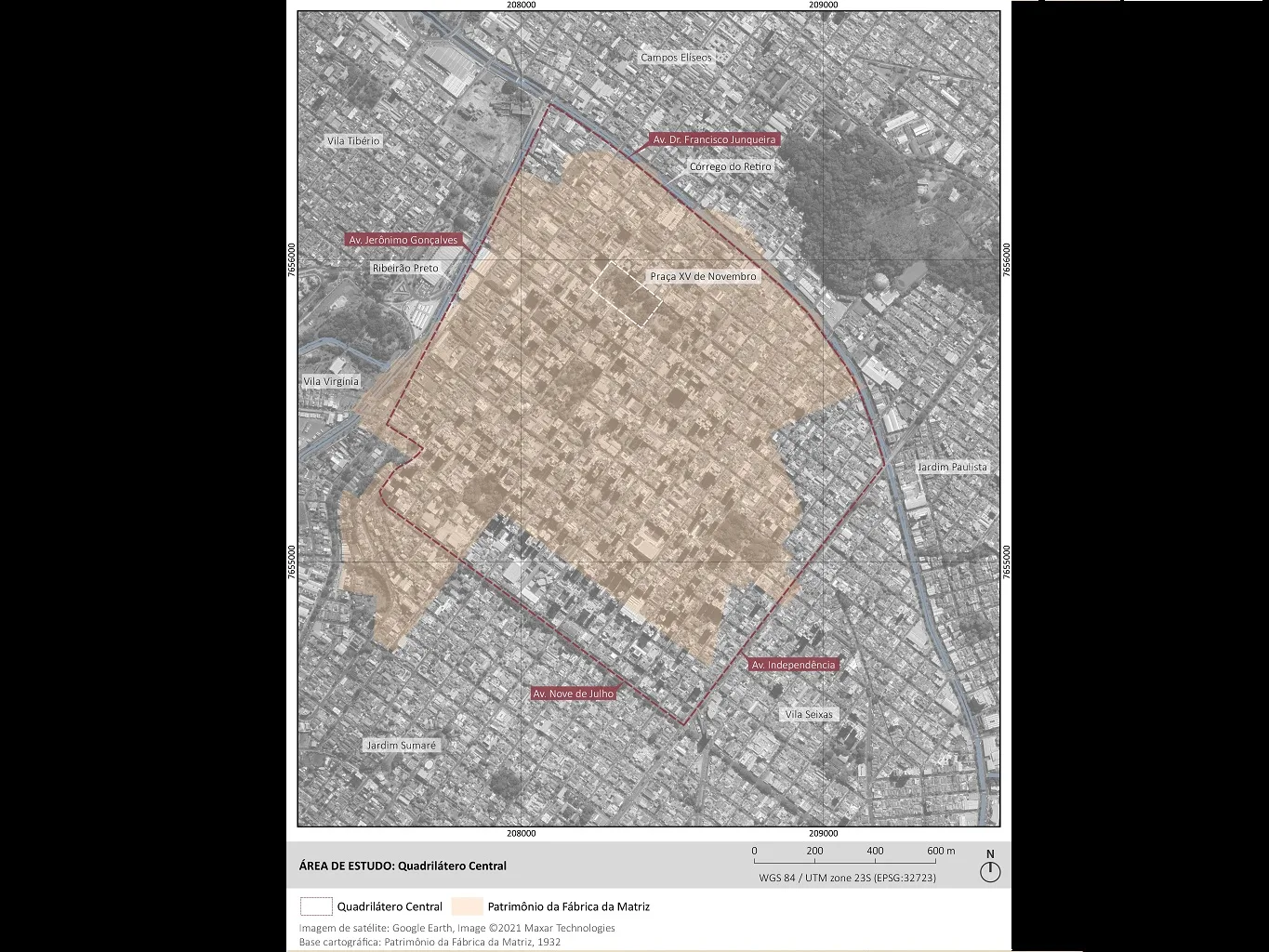 Mapa com área relativamente quadrangular com contorno destacado