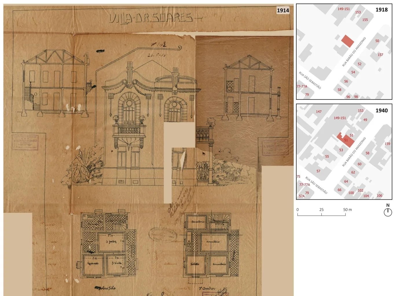 Projeto/desenho da fachada de sobrado com 2 pórticos: sacada e janela