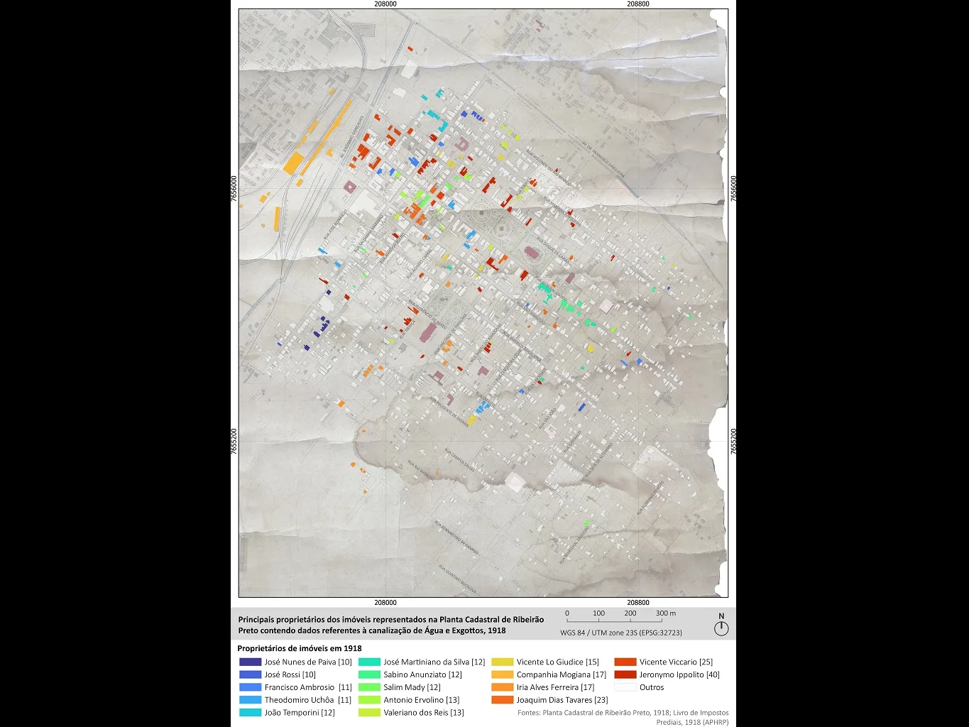 Mapa com diversos pontos/edifícios preenchidos por determinadas cores