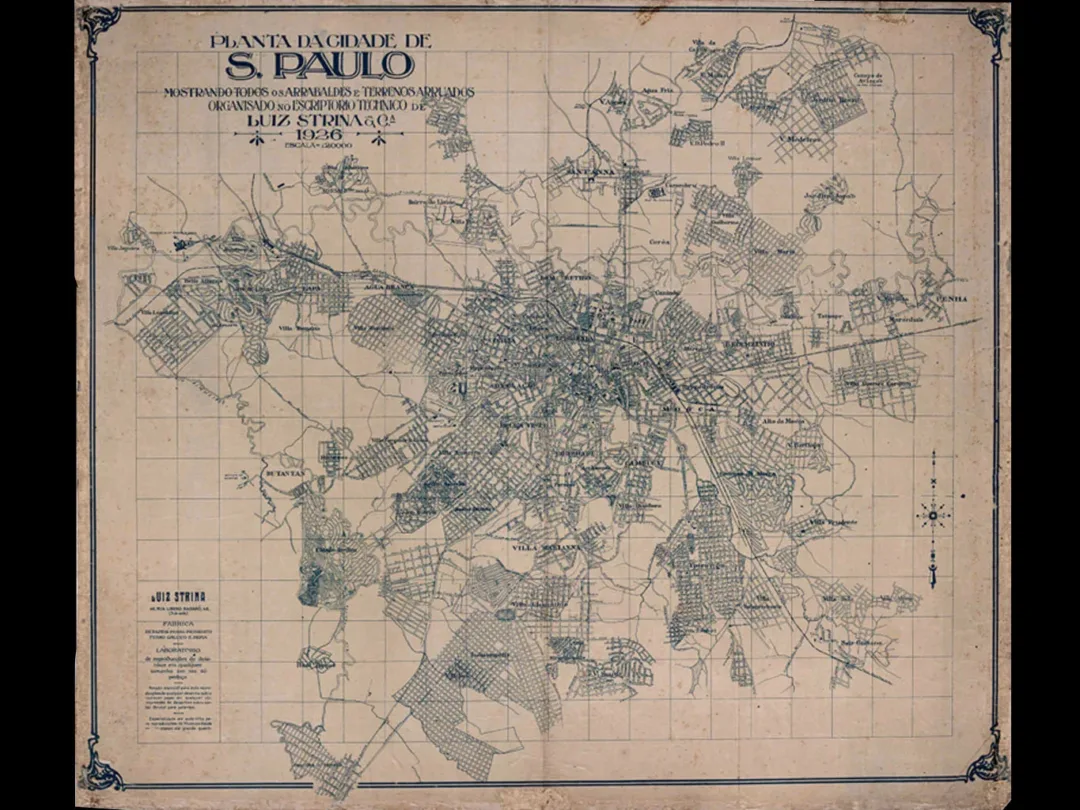 Papel cor de creme com planta dos vários bairros que compoem uma cidade traçados com tinta fina preta