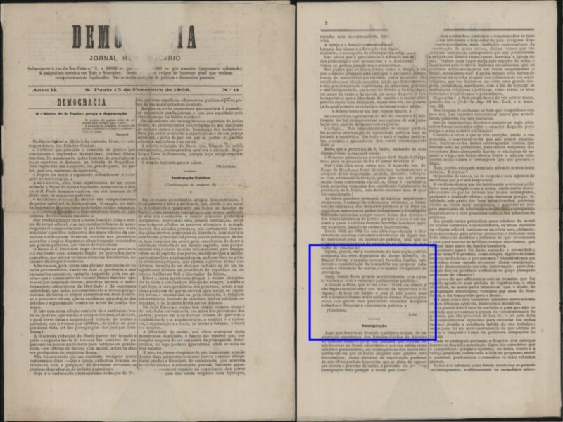 Duas páginas de jornal com impressos tipográficos em preto sobre papel bege