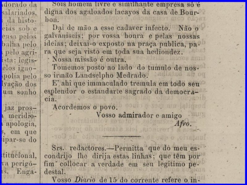 Moldura azul em torno do trecho final de coluna assinada por "Afro" impresso em preto sobre papel jornal