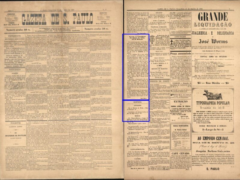 Duas páginas de jornal com impressos tipográficos em preto sobre papel bege