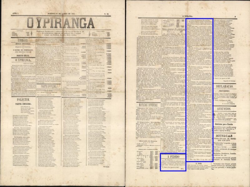 Duas páginas de jornal com impressos tipográficos em preto sobre papel bege contendo molduras azuis sobre trechos da página da direita