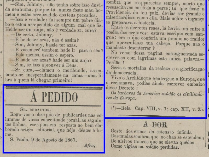 Molduras azuis destacam trechos de coluna de jornal impresso em preto sobre papel bege