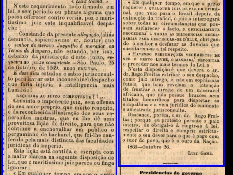 Moldura azul sobre 2 partes de uma coluna de jornal: à esquerda seu início, à direita seu fim.