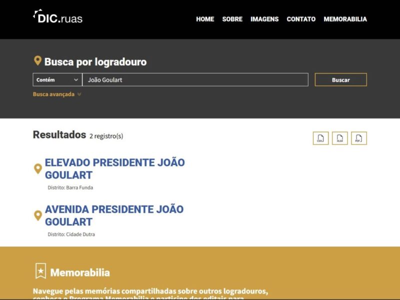 Tela com cabeçalho preto e cinza com a expressão "João Goulart" no campo de busca e 2 links em azul no área branca de resultados