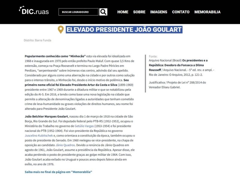 Tela com cabeçalho preto do Dic.Ruas, abaixo, sobre fundo branco, texto em preto sobre o Elevado Presidente João Goulart