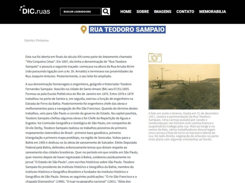 Tela com cabeçalho preto do Dic.Ruas, abaixo, sobre fundo branco, texto em preto sobre o Rua teodoro Sampaio à esquerda e uma foto sépia com legenda á direita
