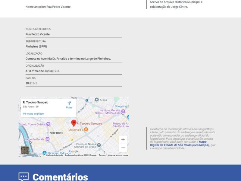 Tela com fundo claro do Dic.Ruas,, informações em preto sobre a localização da Rua Teodoro Sampaio, ato de normativo de oficialização do nome e mapa inidcativo do local