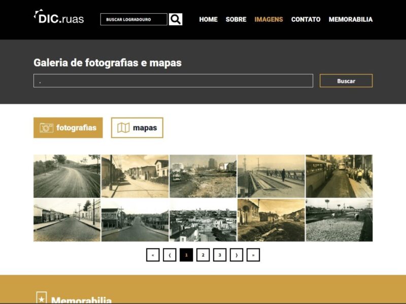 Tela de busca na galeria de fotos e mapas, com cabeçalho preto e cinza e, abaixo 2 fileiras de miniaturas de fotos do acervo, sépia e P/B
