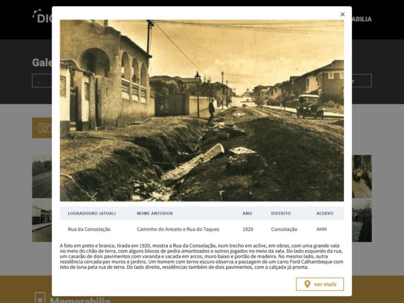 Tela com destaque de uma foto do acervo e informações abaixo (logradouro, nome anterior, ano, distrito e acervo)