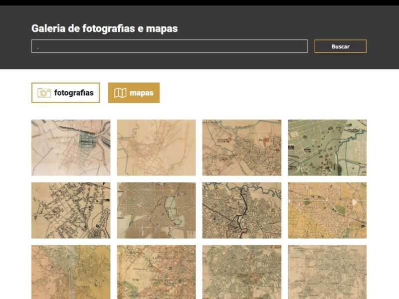Tela com cabeçalho preto e cinza do Dic.Ruas: galeria de mapas com 3 fileiras de miniaturas do acervo