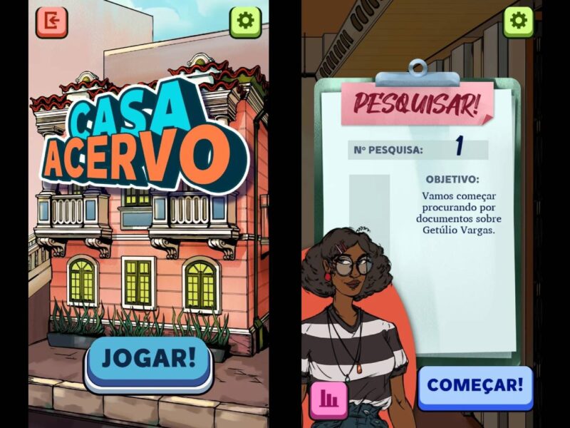 Captura de telas do aplicativo: (á esquerda) nome do jogo aplicado sobre ilustração d uma casa e (á direita) uma prancheta com os objetivos "a pesquisar"