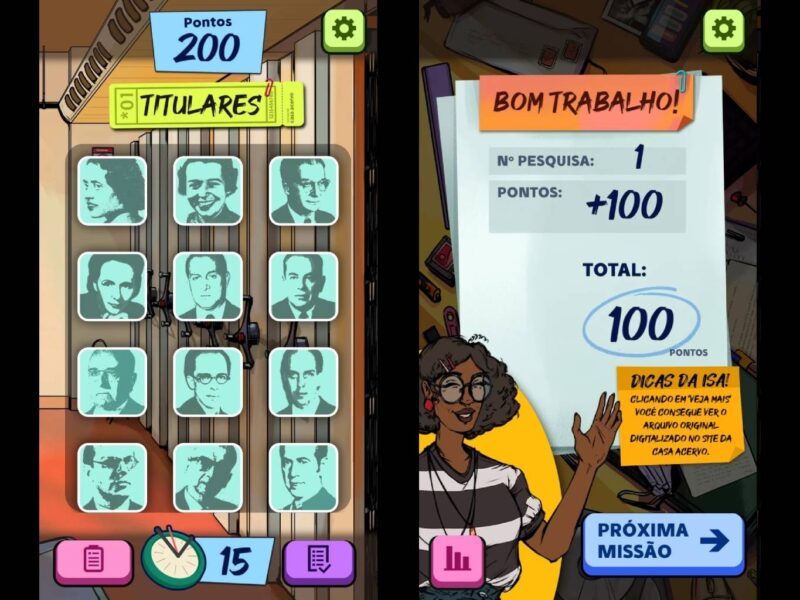 Captura de tela do aplicativo com 12 botões com retratos em alto contraste de personagens da política nacional