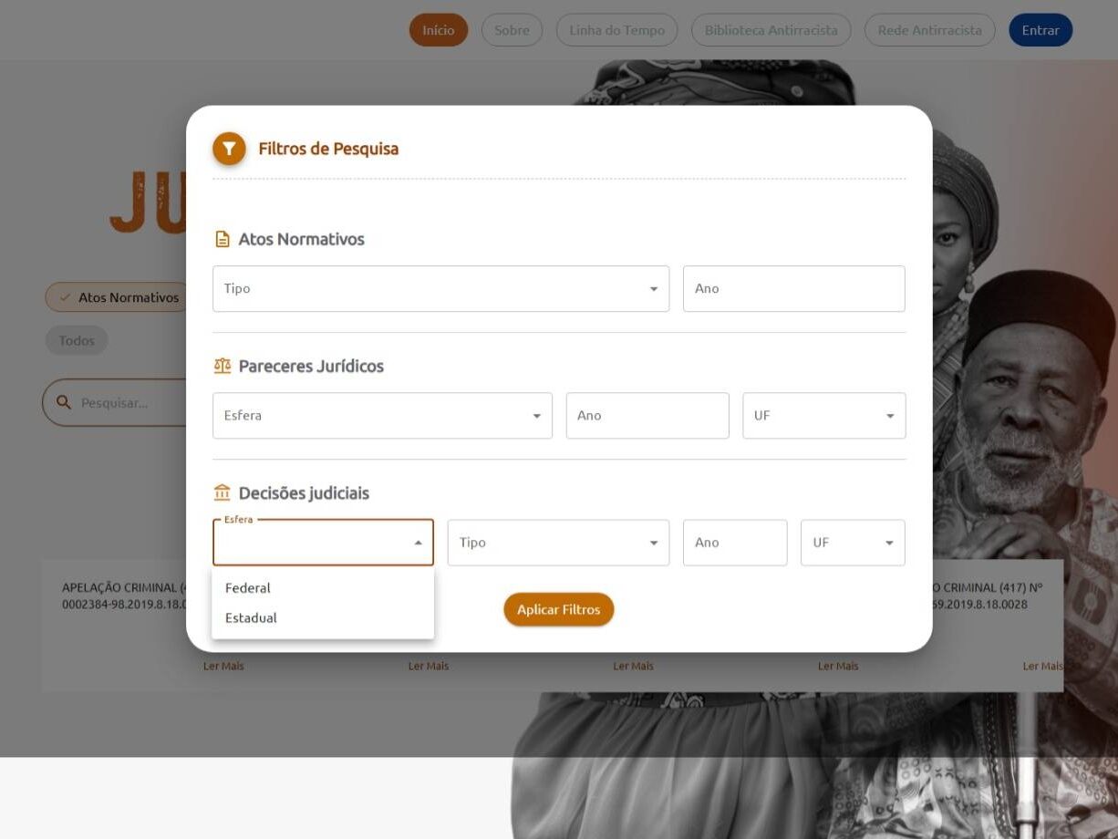 janela branca de filtro de data e tipo de documentos sobre a tela anterior