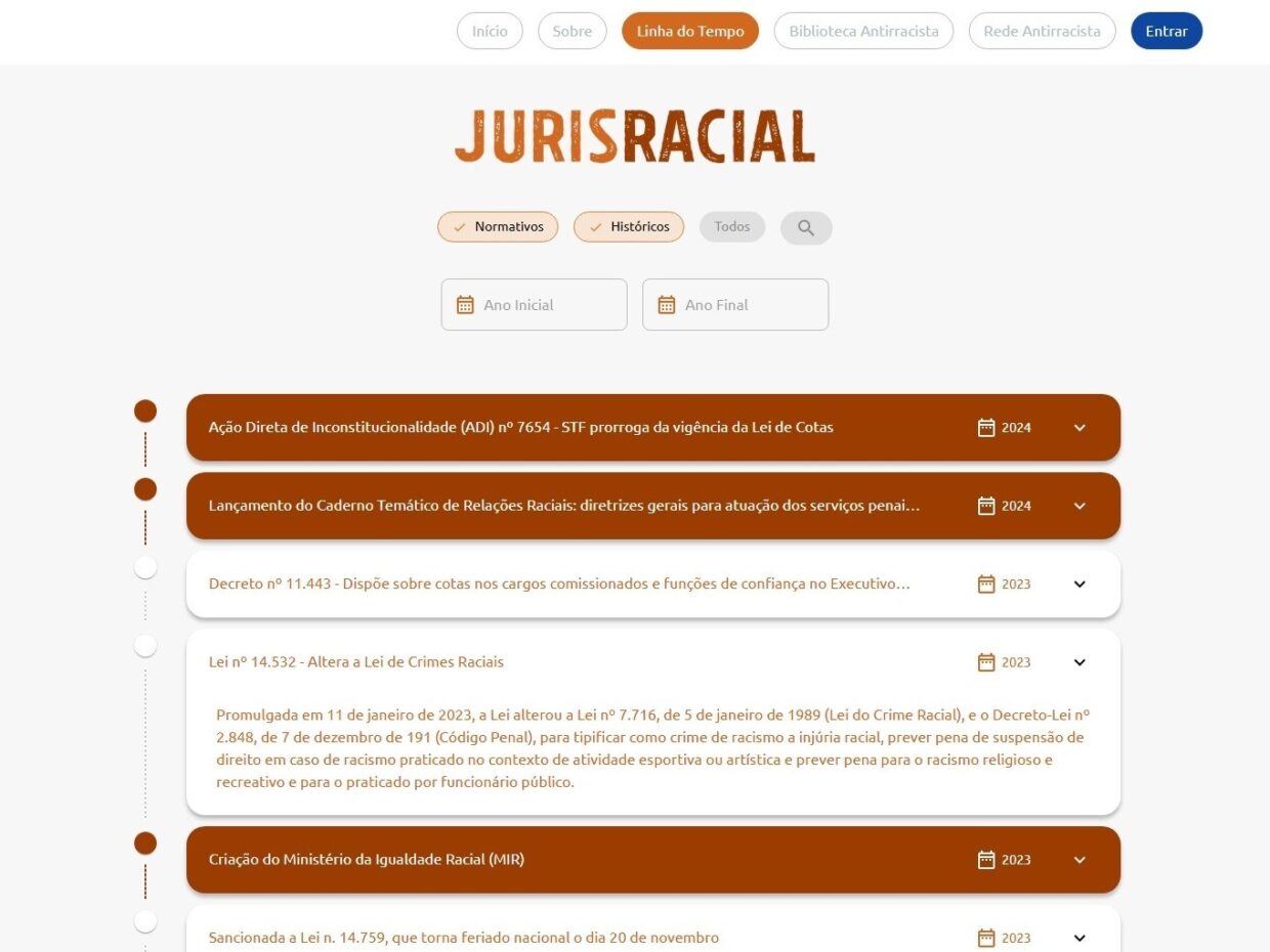 Com logotipo Jurisracial no topo, botões de filtro por tipo e data de acontecimento, sguidos da lista de itens, com os normativos destacados em marrom